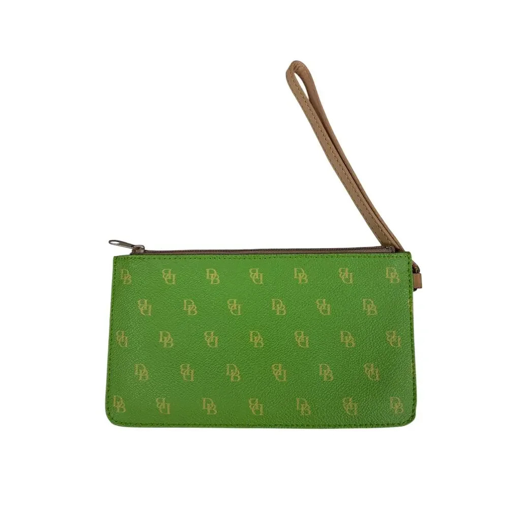 Dooney and Bourke Green DB Printed Coated Canvas Wristlet Wallet
